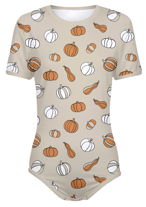 Pumpkin Pattern Cream Adult Bodysuit Snap-Crotch ABDL Onesie