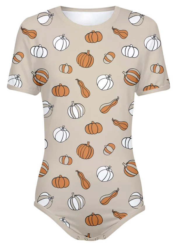Pumpkin Pattern Cream Adult Bodysuit Snap-Crotch ABDL Onesie