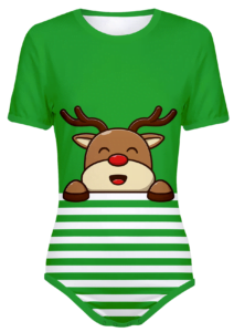 adult snap-crotch bodysuit onesie in green with playful reindeer and white stripes