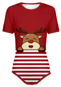 adult snap-crotch bodysuit onesie in red with playful reindeer and white stripes