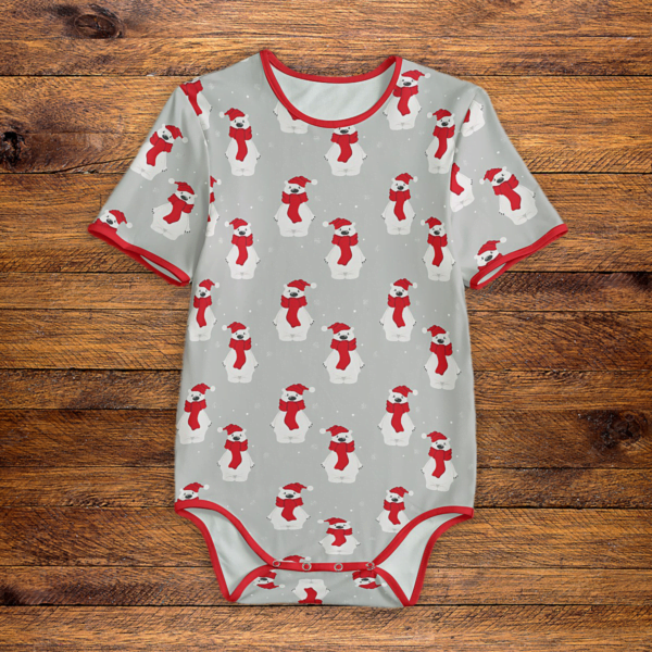 Winter Polar Bear Pattern Red and Gray Onesie Front Mockup