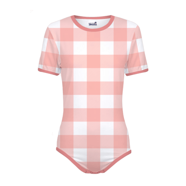 Customizable Onesie - Body Sleeves Young Salmon - Trim Strawberry Ice - Pattern Plaid White