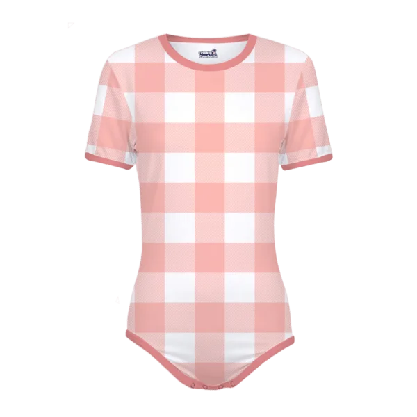 Customizable Onesie - Body Sleeves Young Salmon - Trim Strawberry Ice - Pattern Plaid White