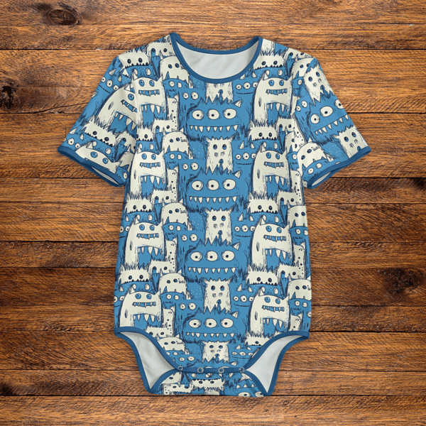 Blue Monster Pattern Onesie Front Flat