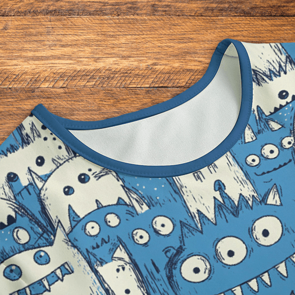 Blue Monster Pattern Onesie Neck
